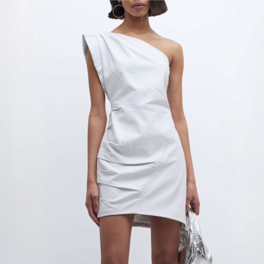 LaMarque White Corey Draped Lamb Leather One-Shoulder Mini Dress